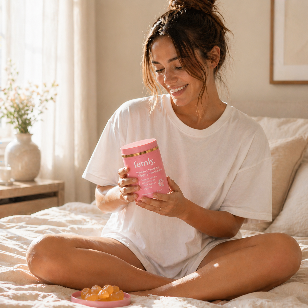 Woman holding femly. balance probiotic gummies